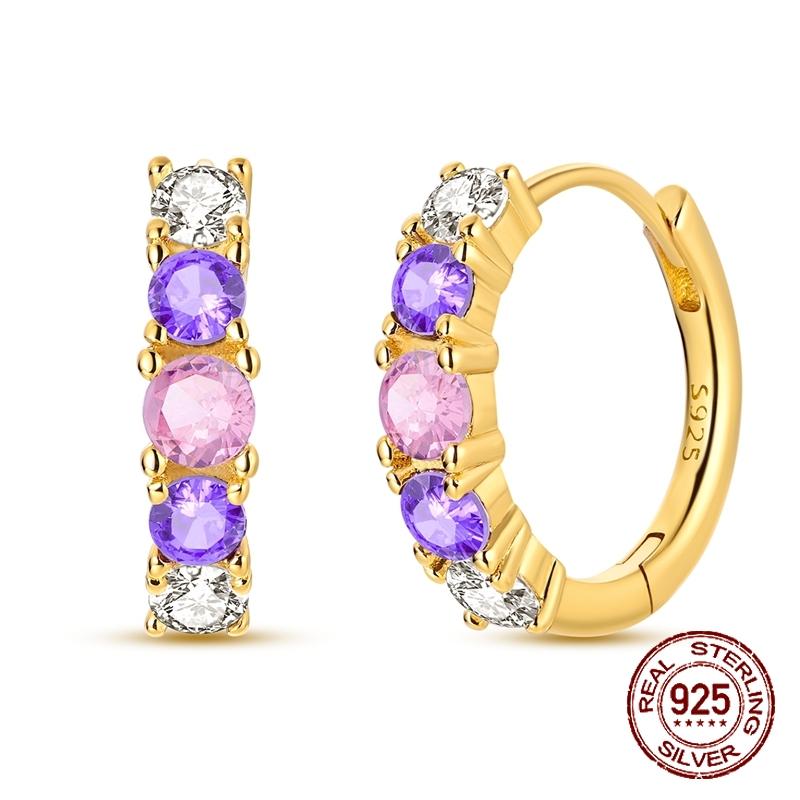 925 Sterling Silver Hoop Earrings Gradient Purple Pink White CZ Stones Dainty Colorful Huggie Earrings Jewelry Gift for Women