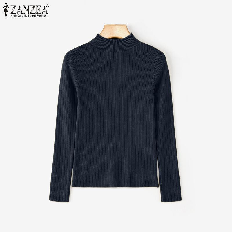 ZANZEA Autumn Spring Women Mockneck Long Sleeve Stretch Rib Knitted Sweater Undershirts