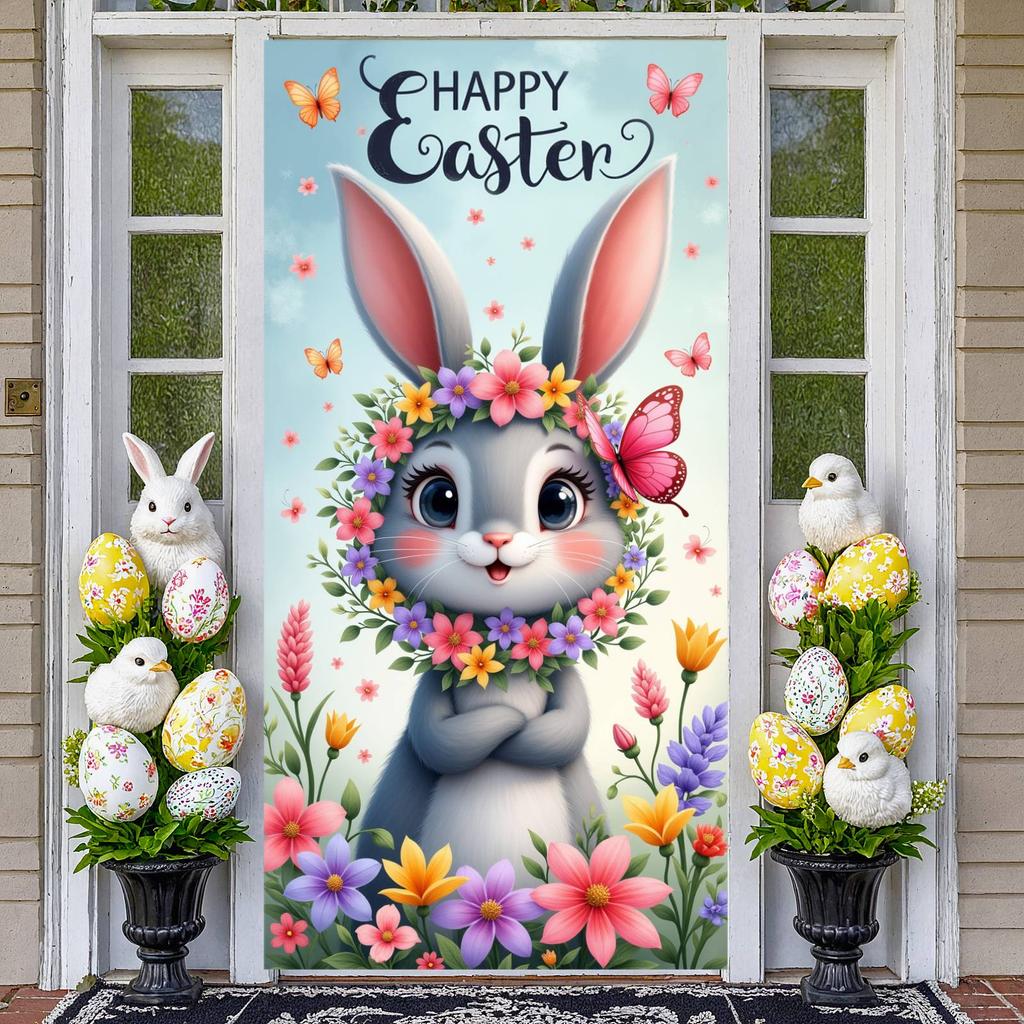 Floral Banner Cute Rabbit Easter Display Happy Easter Banner Butterfly Accent Rabbit Backdrop For Church Event Indoor Decoration