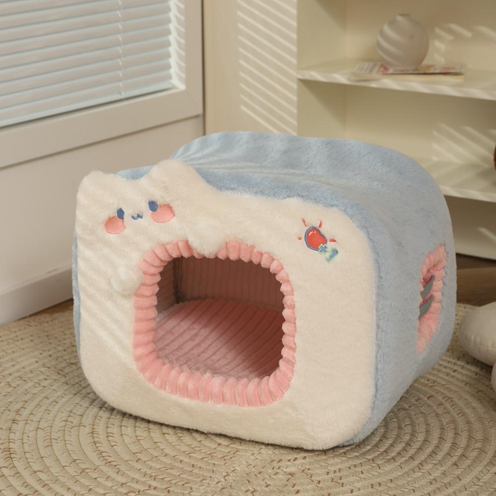 Süßes Katzenbett, warmes Haustierhaus, Kätzchenhöhle, Kissen, Komfort, Katzenhaus, Hundekorb, Zelt, Welpennest, kleine Hundematte, Zubehör, Bett für Katzen 46X32X33CM beige