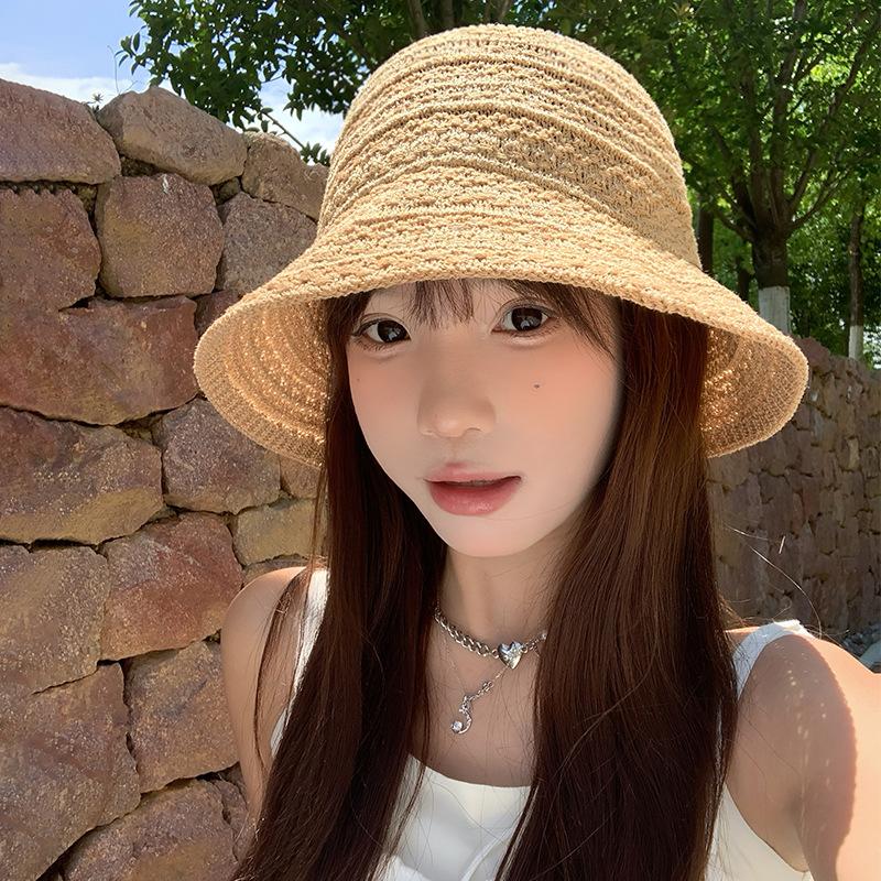 Hollow Straw Bucket Hat Women's Summer Thin Breathable Foldable Bucket Hat Sunshade Sunscreen Hat