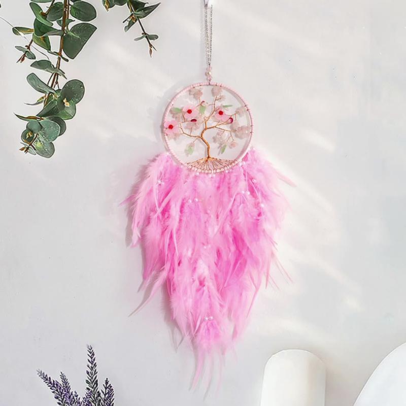 Tree of Life Dream Catcher Handmade Pink Gravel Wall Hangings Feather Craft Home Decor Wind Chimes DreamCatchers Room Decorate