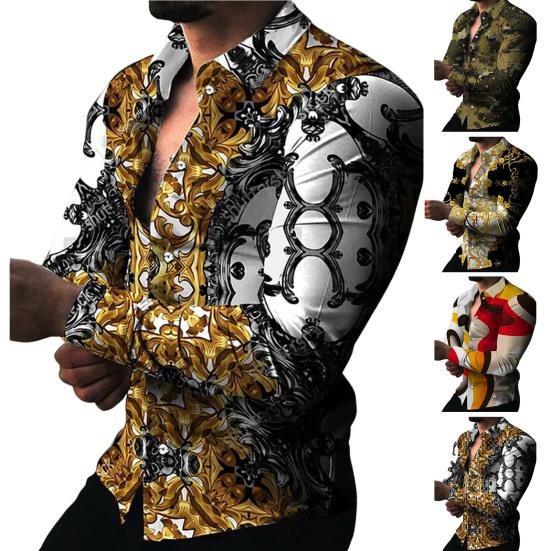 Men Shirt Long Sleeves Button Lapel Cardigan Single-breasted Warm Slim Fit Casual Flower Print Autumn Top for Dating