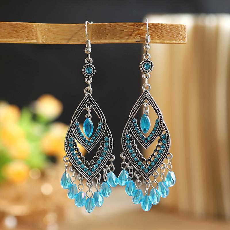 Bohemian Ethnisch Lang Blau Acryl Kristall Wassertropfen Ohrringe für Damen Retro Temperament Geometrisch Hängende Ohrringe Schmuck
