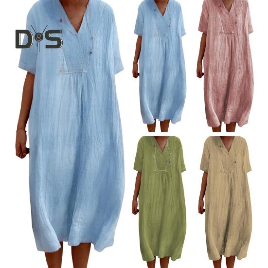 Summer Women Dress V Neck Short Sleeves A-line Solid Color Big Hem Loose Pullover Casual Daily Wear Midi Dress Dating Commuting Long Dress
