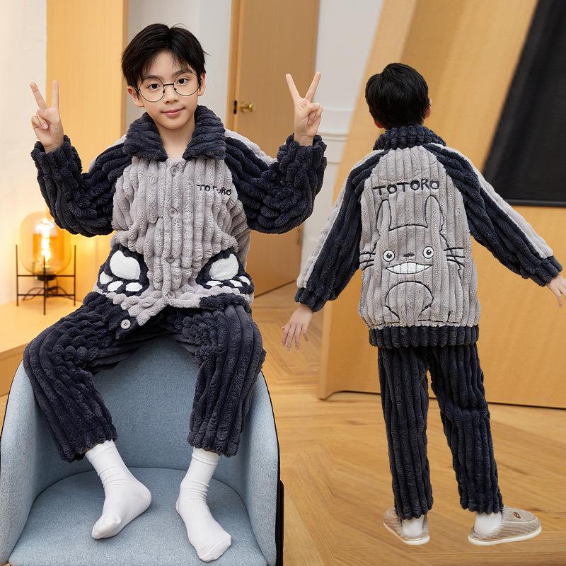 Cute Cartoon Boys' Coral Fleece Pajamas - Cozy Winter Flannel Sleepwear for Kids