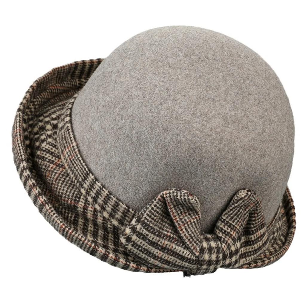 Women Felt Bowler Hats Vintage Plaid Bow Church Hats Lightweight Derby Fedora Hats