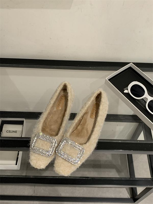2025 autumn and winter new gentle rhinestone square head velvet bean single shoes fashion fluffy shoes wear cotton ladyshoes