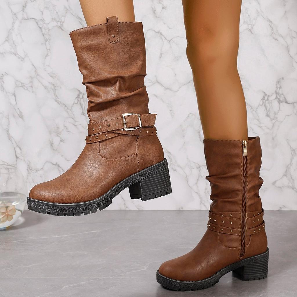 Fashion Big Size Low Heels Platform Long Boots Autumn Winter Comfortable Shoes Women Warm Booties Vintage Brown Women Knee High Boots
