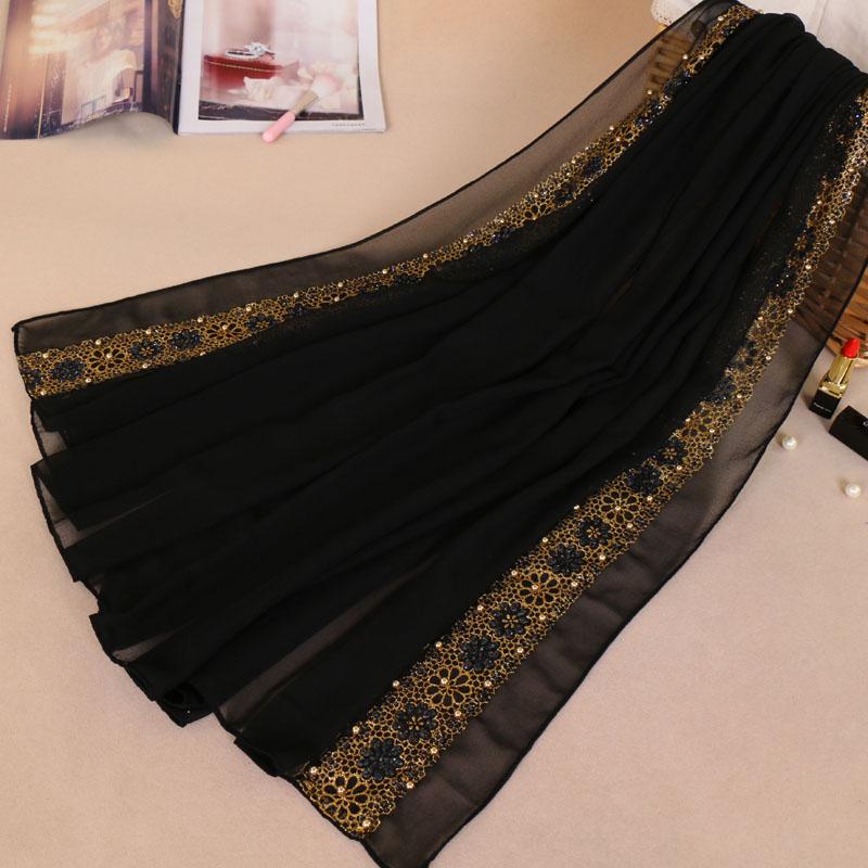 Muslim Chiffon Hijab Beaded Femme Musulman Gold Diamonds Sequins Long Scarf Hijabs Hoofddoek Fashion Plain Turban Foulard Laven