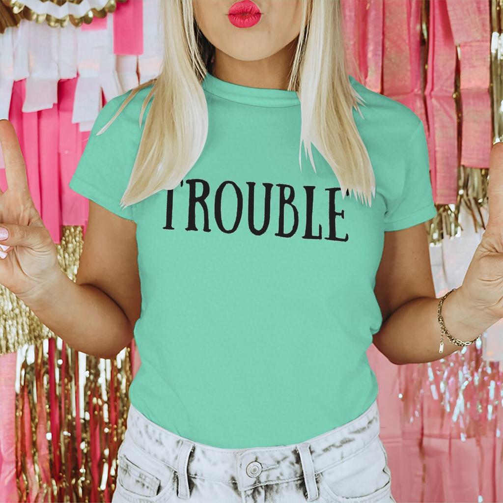 Valentines Day Tshirt Where I GoTrouble Print Funny Letter Graphic T Shirt Women Men Crewneck Y2K Tops Couple Matching Tshirt