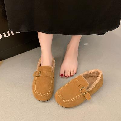 Fashion Women's Fashion Flat Shoes Winter New Round Head Deep Mouth Suede Metal Belt Buckle Soft Sole Non-slip Low Top Cotton Shoes