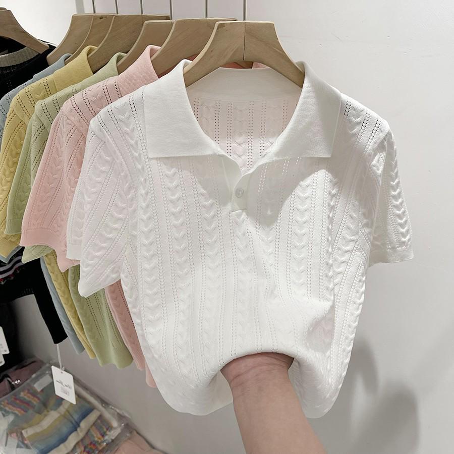 2024 Women's Summer Ice Silk Polo Collar Knit Top - Soft, Sticky, Short Sleeve Design