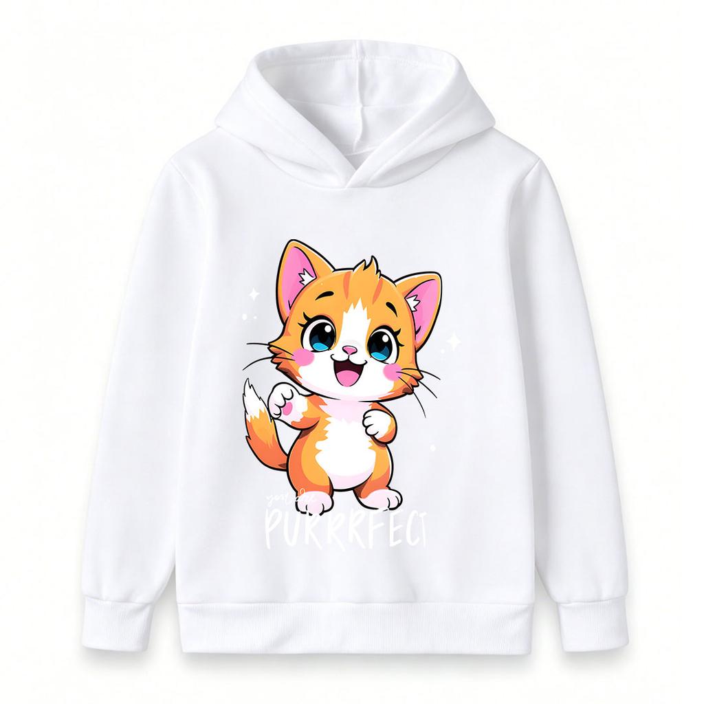 Kids Boys Girls Cute Cartoon Orange Cat Print Pullover Hoodie, Adorable Sparkly Kitten Purrfect Graphic Casual Long Sleeve Sweatshirt for Children Dai