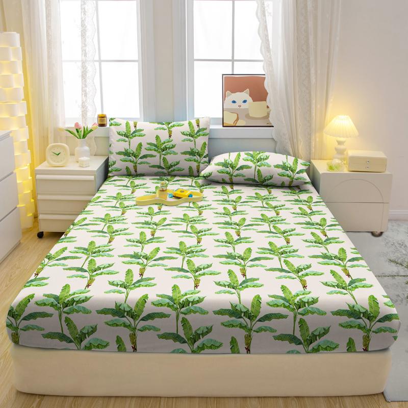 1 Simple Modern Plant Flower Printed Matte Fitted Sheet, Bedroom Printed Bed Cover, Bedding (Excluding Pillowcases)