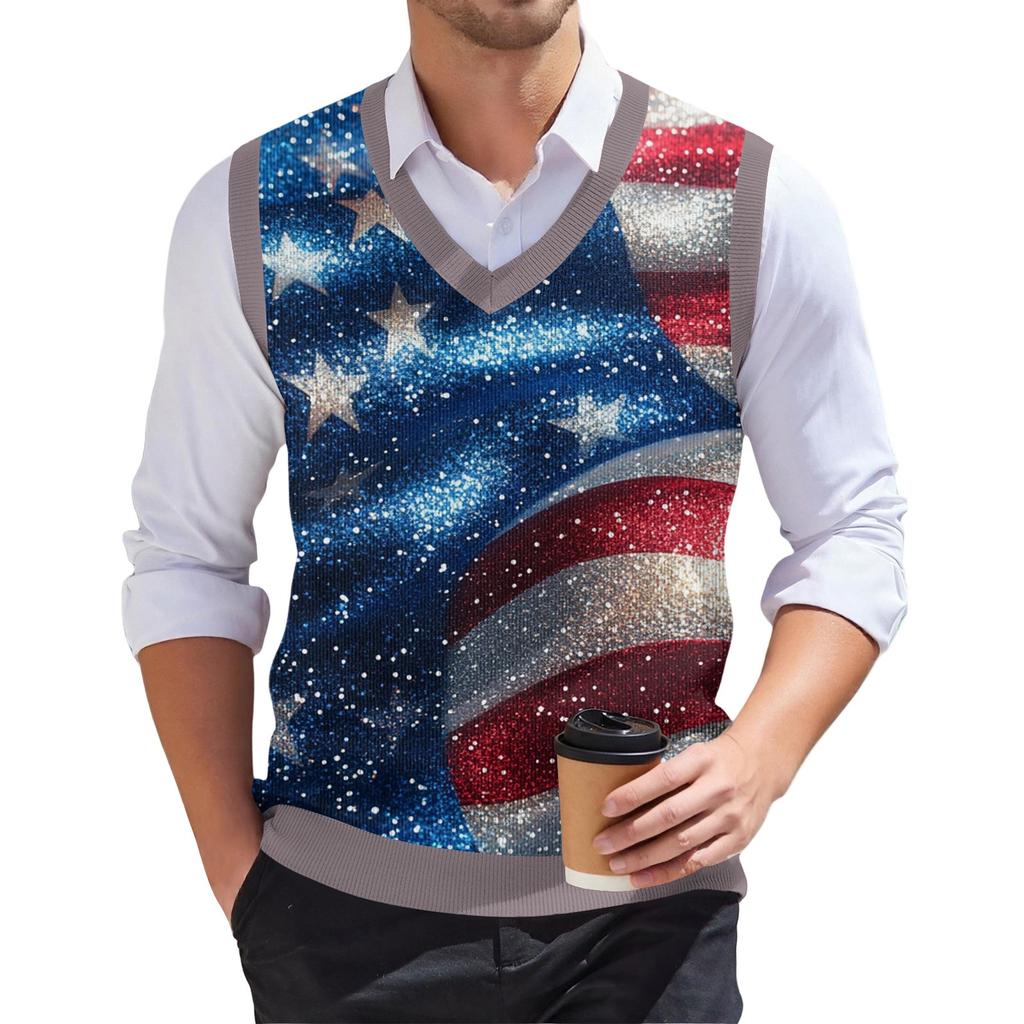 Herr Mode Tryckt V-ringad Ärmlös Stickad Pullover