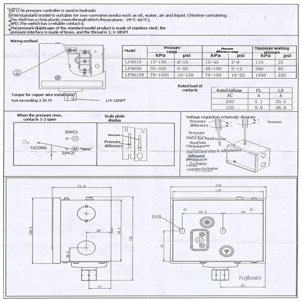 Boiler Steam SPDT Pressure Switches Adjustable Difference Pressure Connection 1/4" NPT 35-350kPa