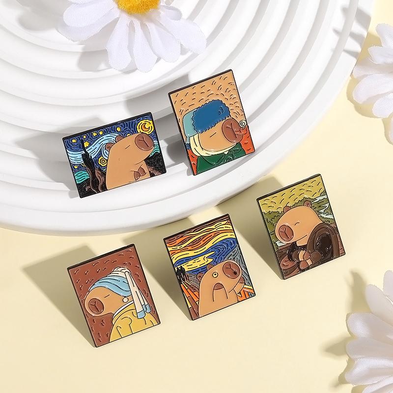 4-8PCS/SET Enamel Pins Custom Cute Capybara Oil Painting Brooches Lapel Badges Clothes Animal Jewelry Gift for Kids Friends