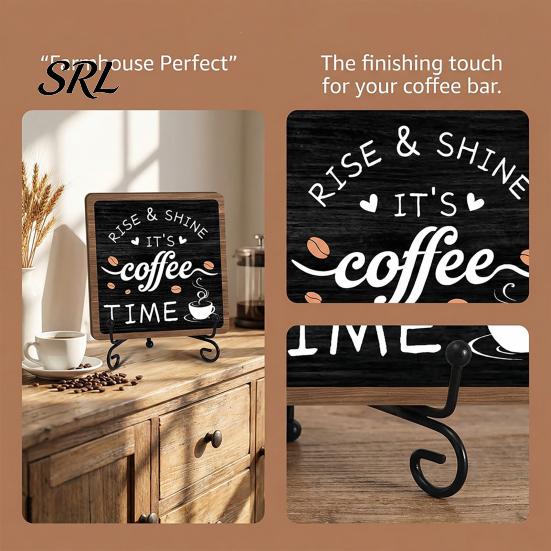 Desktop Coffee Display Stand Wooden Bar Sign Decor with Iron Stand, Vintage Black & White Cafe Decorative for Station Wall Art, Rustic Tabletop