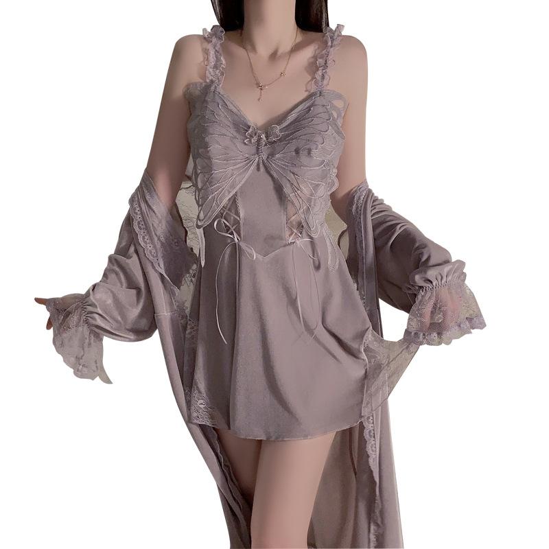 Women's Velvet Butterfly Deep V Padded Sleep Dress with Robe Lounge Set