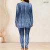 Women Plus Size Blue Printed Front Zip Long Sleeve Longline Top Fitted Pants Two Piece Set