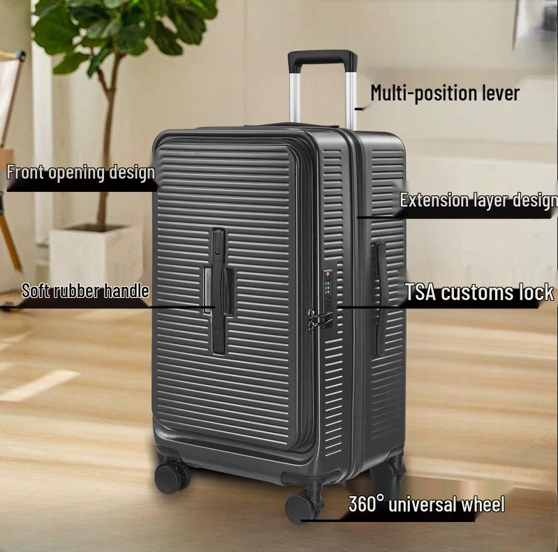 20" Multifunctional PC Suitcase with Front Opening, Universal Wheels, Anti-Theft Lock, and Anti-Fall Design for Leisure Travel.