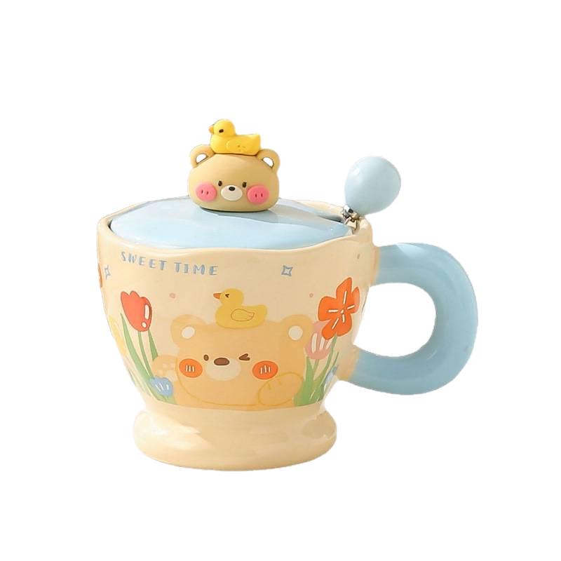 Adorable Rabbit & Bear Ceramic Mug with Lid and Spoon - Perfect for Home or Office