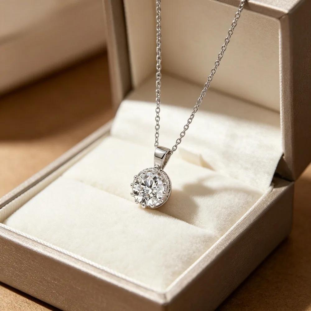 Sterling Silver Round Cut Halo Pendant Necklace, Sparkling Cubic Zirconia Solitaire Necklace for Women