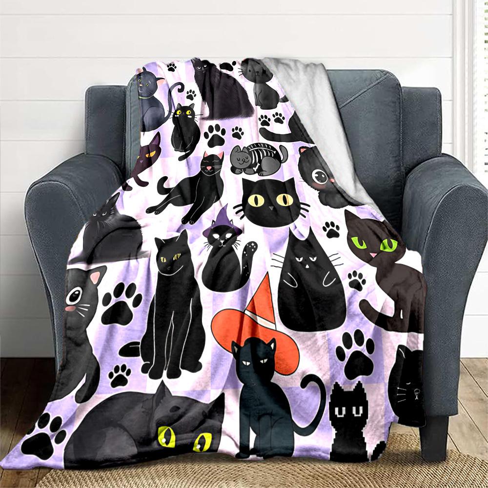 1pc Black Cats Lightweight Flannel Blanket, Comfortable and Warm Blanket, for Office and Camping Sofa Bed, Livingroom140