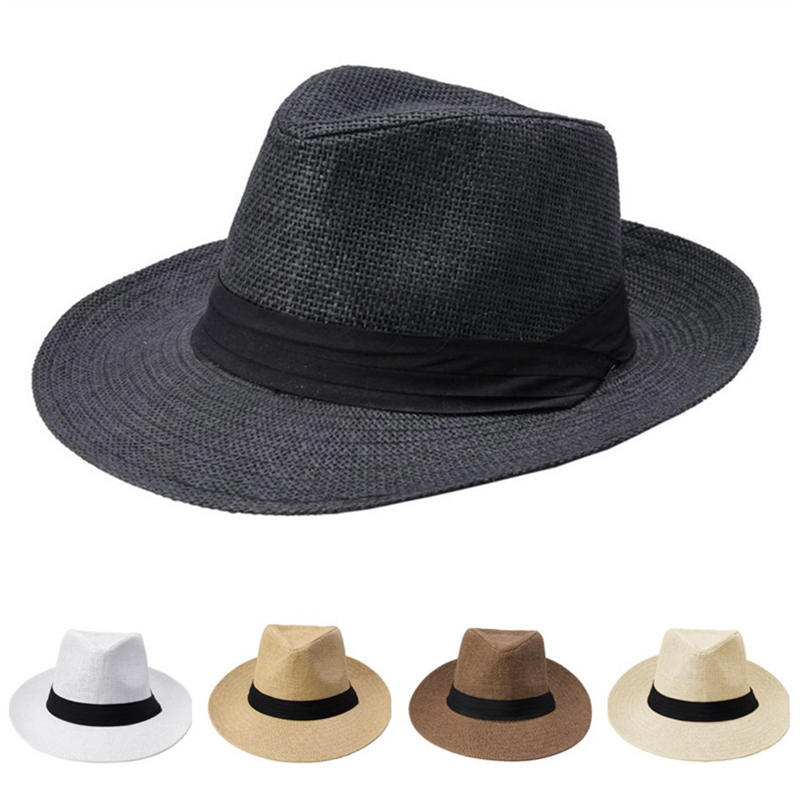 Fashion Men Women Panama Sun Straw Hat Contrast Ribbon Pinched Crown Rolled Trim Beach Cap