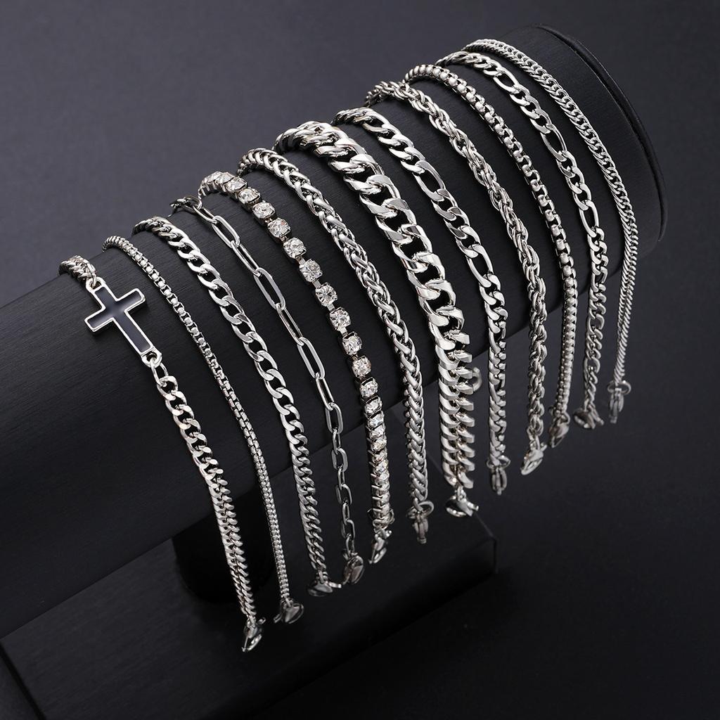 12Pcs/Set Silver Color Simple Stylish Punk Hip-Hop Stainless Steel Cross Rhinestones Chain Bracelet Set for Men Women Jewelry