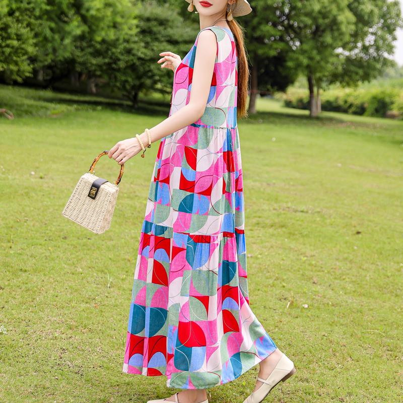 Elegant Sleeveless Dress for Women Plus Size Short Sleeve Vintage Print Long Dress Summer Casual Middle-aged Women's Clothing