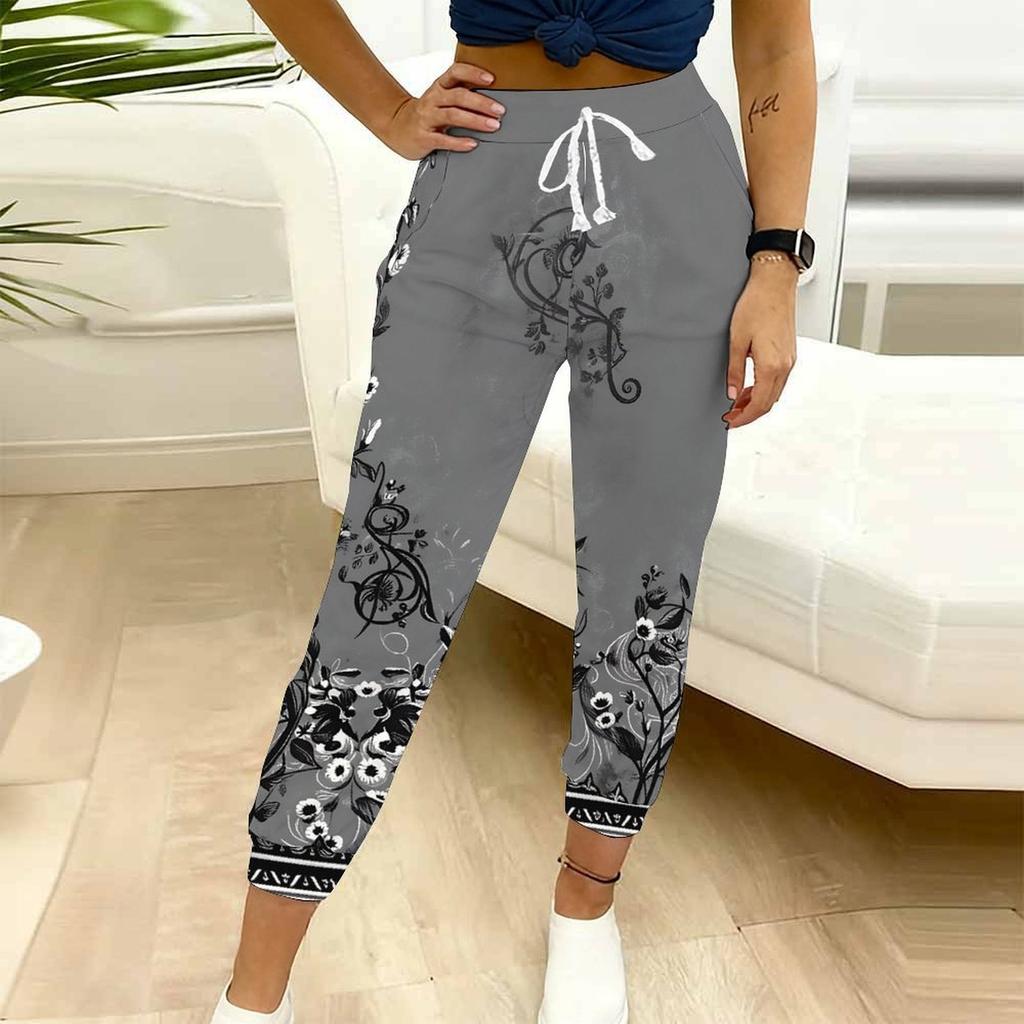 Sommer Damen Kleine Blume Patchwork Print Jogginghose Lockerer Schnitt Kordelzug Jogginghose Elastischer Bund Tägliche Lässige Hose