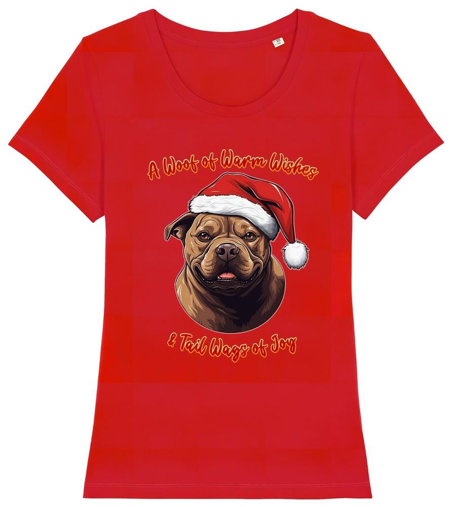 

Womens Staffordshire Bull Staff Christmas T-Shirt Santa Hat Dog Woof Wishes M