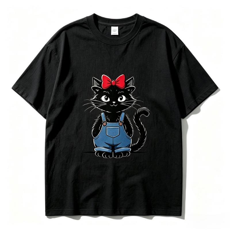 Black Cat Red Bow Blue Denim Overalls Print Tshirt Vintage Cute Kitten Graphic Summer Casual Short Sleeve Tee Harajuku Y2k Top