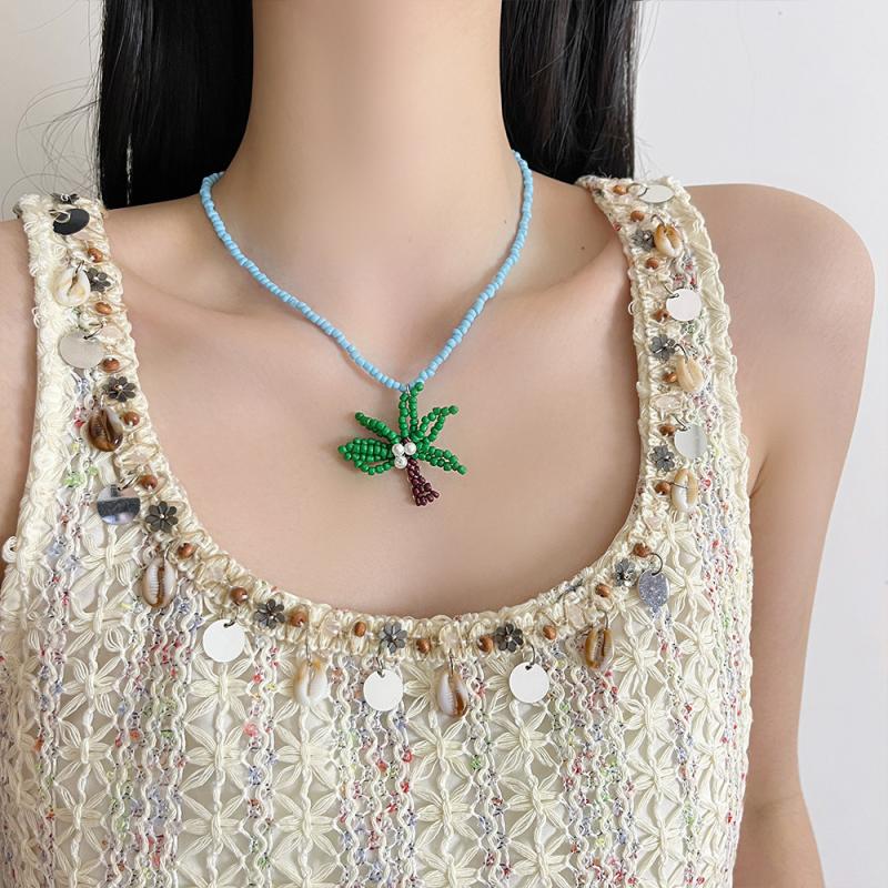 Summer Beaded Flowers Shell Coconut Tree Pendant Necklace Women'S Party Jewelry Gift