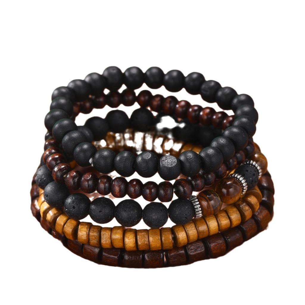 5Pcs/Set Black Gall Stone Volcanic Stone Wood Beads Multi-layer Men's Combination Elastic Bracelet For Couple Friends Jewelry