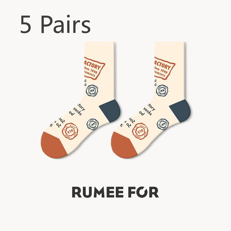 

5 пар женских носков-труб в стиле ретро с нескользящей подошвой на весну и осень 5 Pairs бежевый