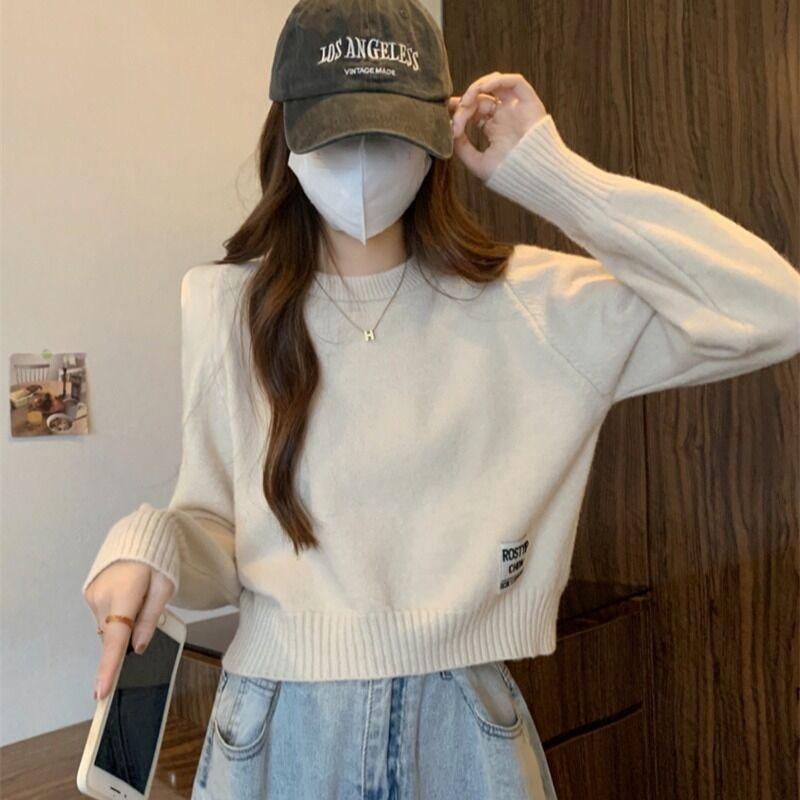 

Корейский нежный пуловер, свободный мягкий клейкий свитер для женщин, осенне-зимний дизайн, короткий вязаный свитер, пуловер, женский топ One Size абрикосовый