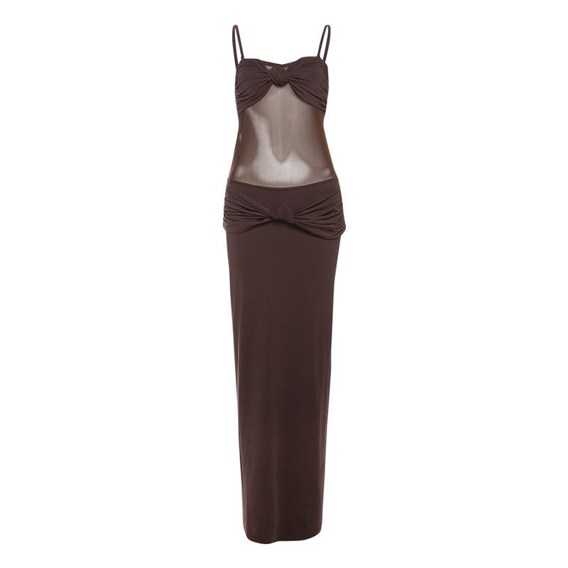 

Autumn and Winter New Women s Clothing Temperament Sexy Backless Mesh Splicing Twisted Suspender Dress S коричневий