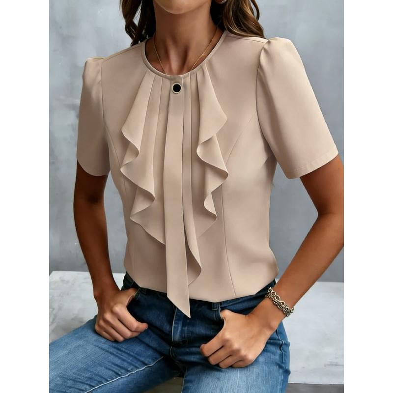 2026 New Women's Summer Ruffled Pleated Round Neck Short Sleeve Shirt Top