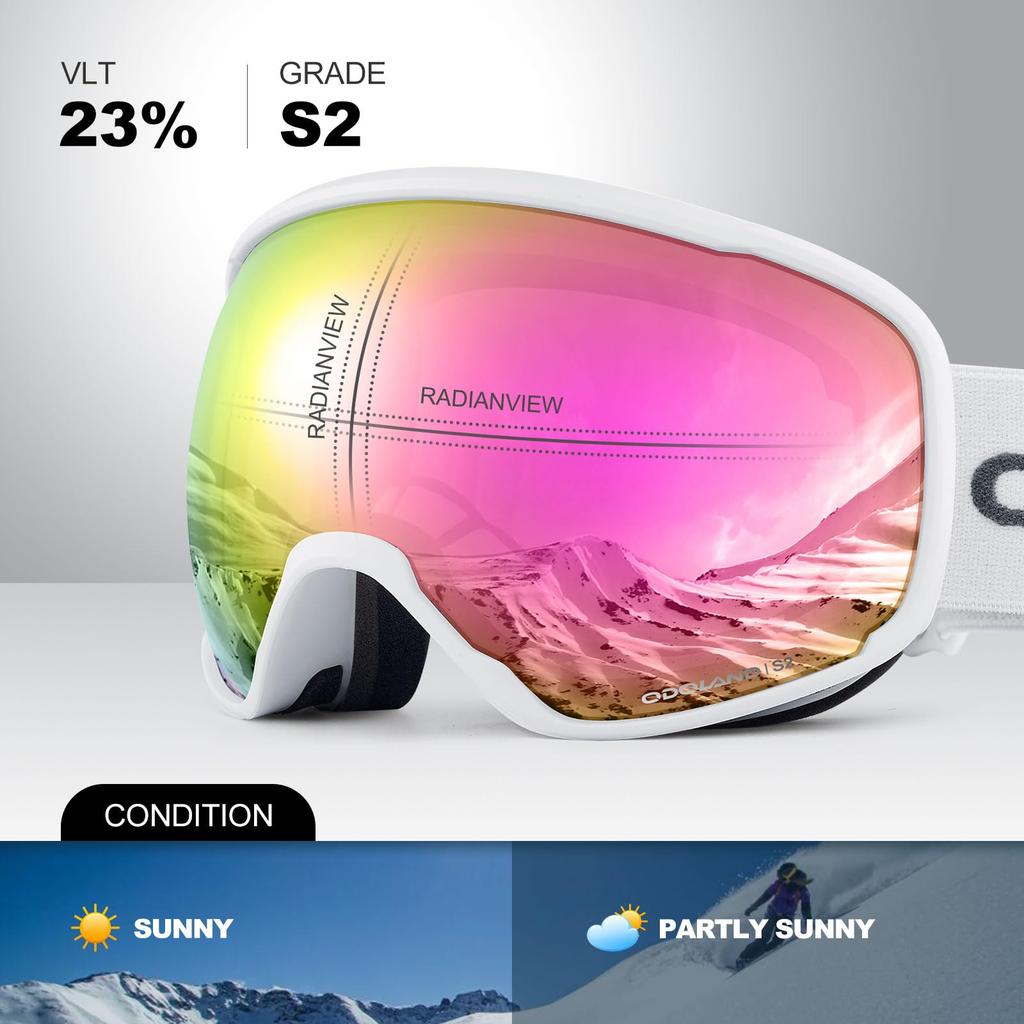 Odoland Snow Spherical OTG Glasses Mirrored UV400 Double Adult Size Pink VLT Goggles, Double-Layer Lenses, Anti-Fog, Compatible, Lenses, Protection,