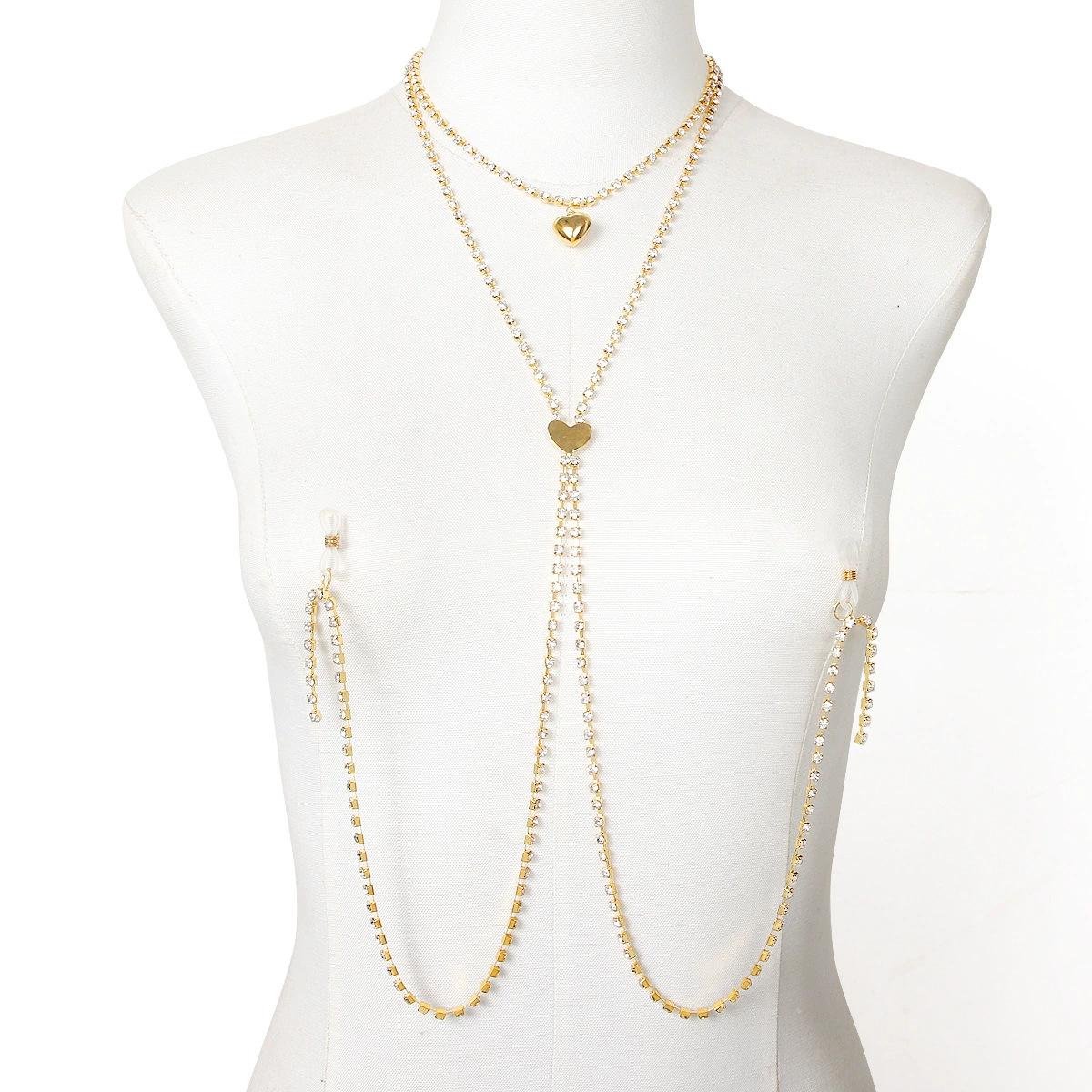 New MultiLayer Metal Heart Neck Bra Chain Nipple Chain Spicy Girl Bikini Body Chain золотой