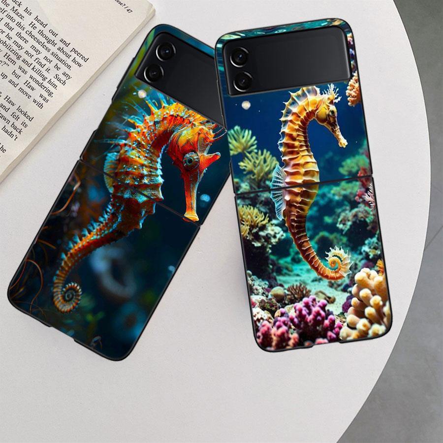 Seahorse Underwater Fantasy Case For Samsung Z Flip 6 5G Galaxy Z Flip 5 4 3 5G Black Hard Cell Phone Cover Luxury PC Shell Coqu