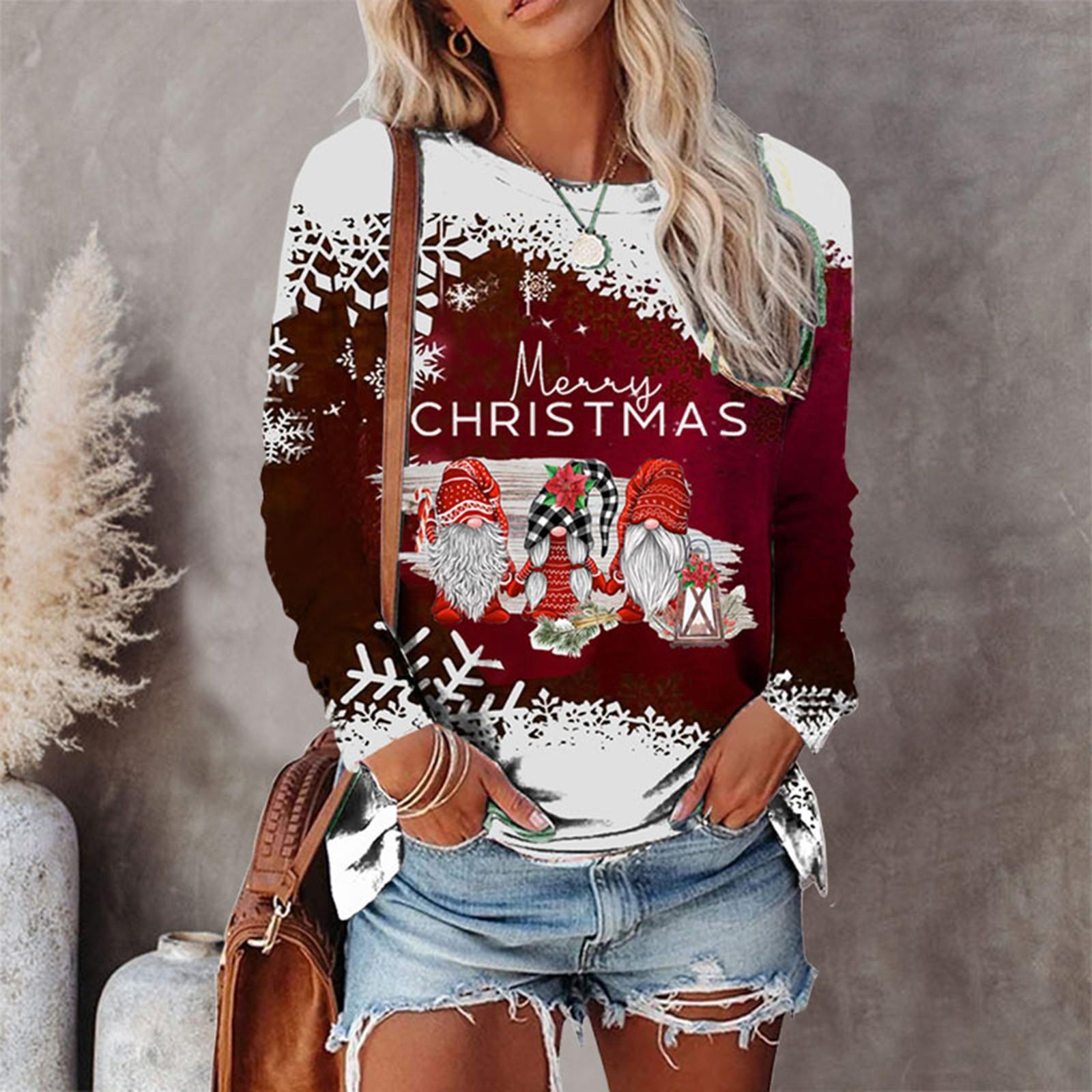

Ladies Casual Fashion Christmas Printed Long Sleeve Round Neck Sweatshirt L винний