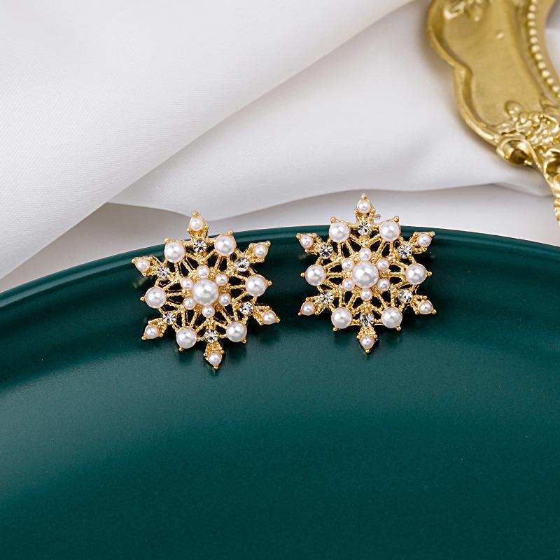 925 Silver Needle Flash Diamond Snowflake Pearl Stud Earrings, Korean Exquisite Internet Celebrity French Light Luxury Elegant Charming 