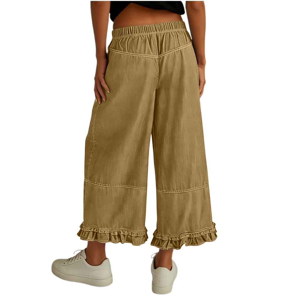 Womens Wide Leg Jeans Mid Rise Cropped Baggy Denim Pants Loose Fit Ruffle Hem Trouser Style Casual Denim Bottoms