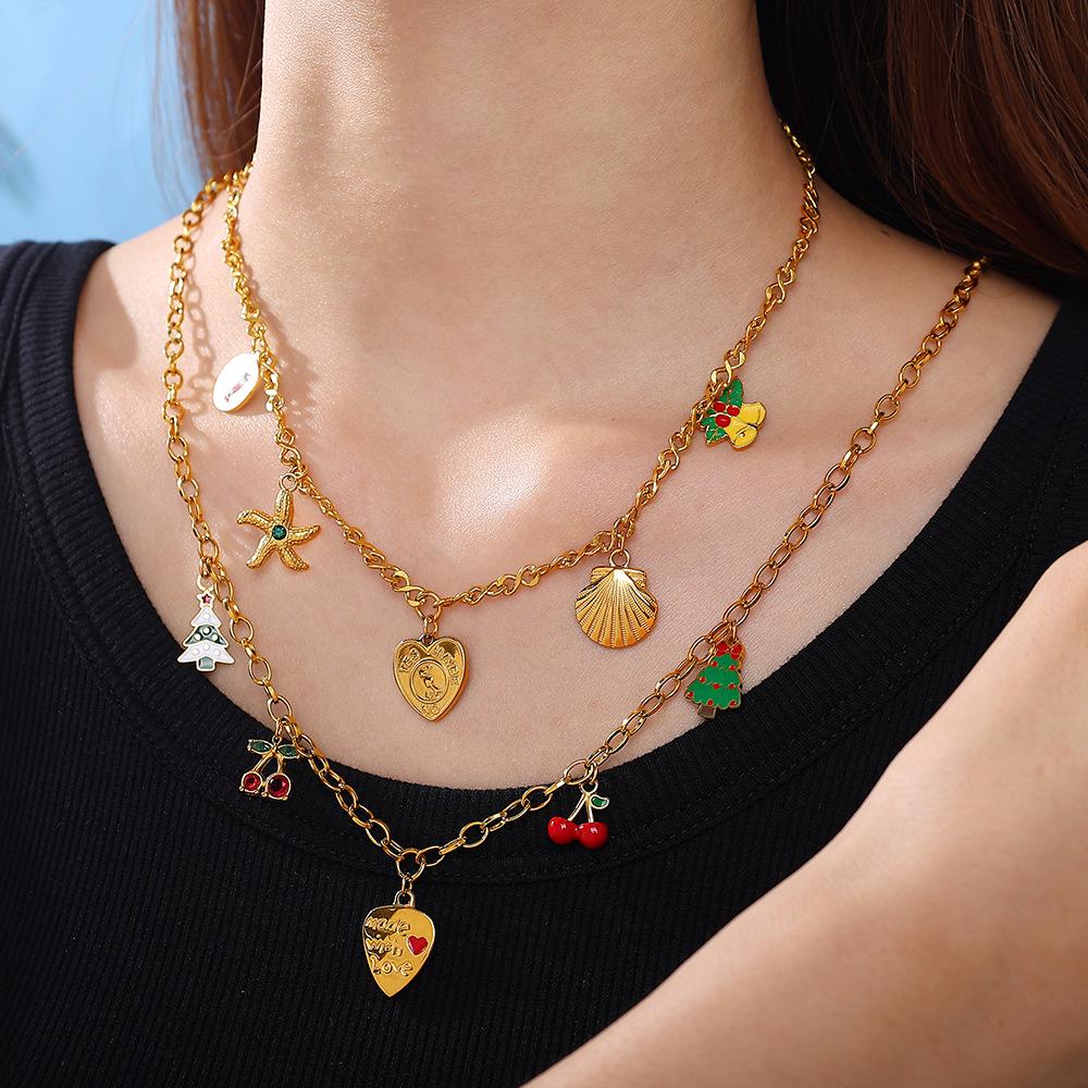 Colar Pingente de Natal DIY Europeu e Americano: Aço Inoxidável Banhado a Ouro 18K, Design de Desenho Animado Fashion para Mulheres.