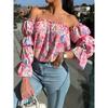 YYFS Women's Fashion Casual Summer Spring Flower Pattern Print Long Sleeve One Shoulder Blouses & Shirts