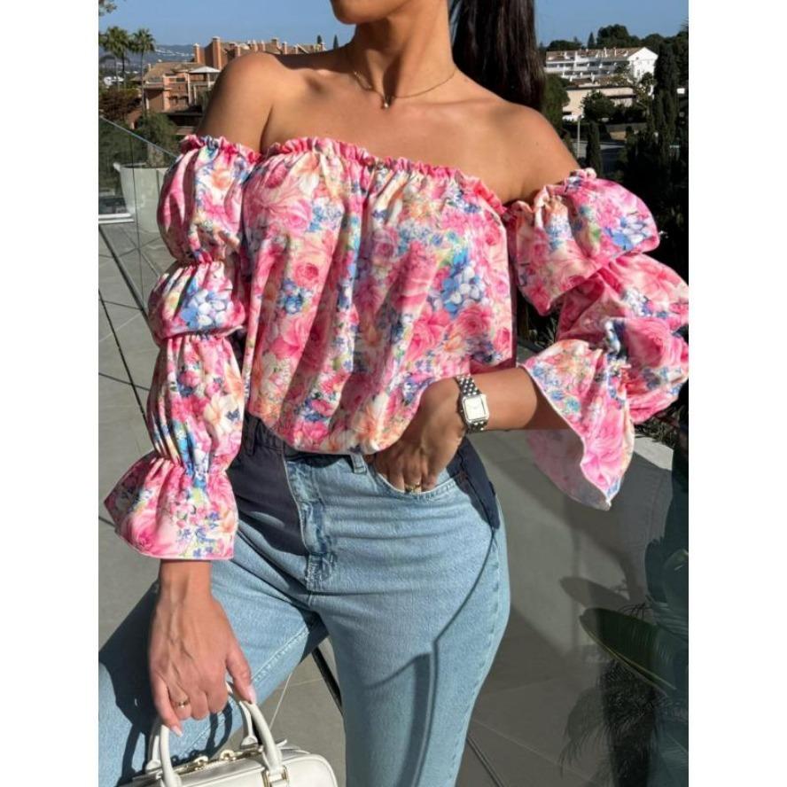 YYFS Women's Fashion Casual Summer Spring Flower Pattern Print Long Sleeve One Shoulder Blouses & Shirts